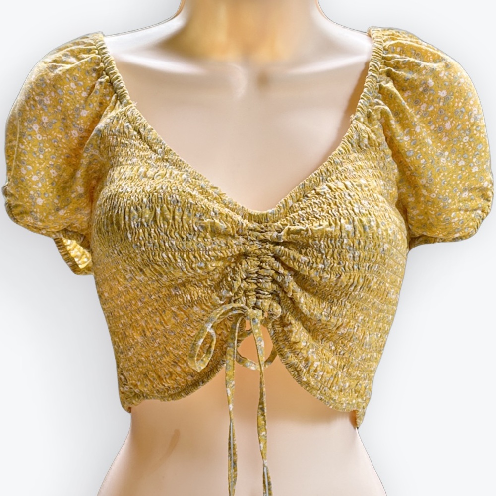 Coquette Floral Bloomcore Mustard Gathered Puffed Sleeves Aeropostale Crop Top~L